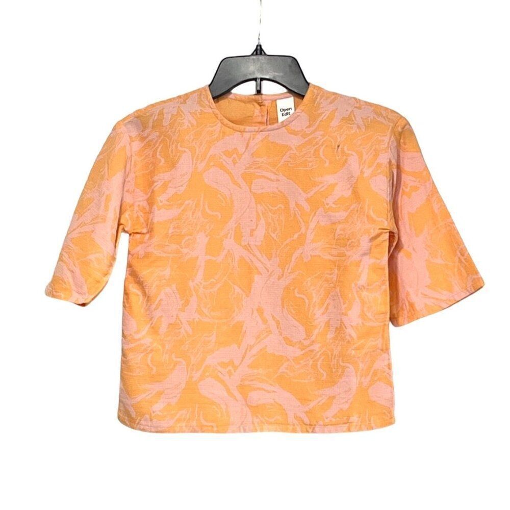 Open Edit Kid’s Button Back Kimono Sleeve Top, Orange/Pink, Sz. 8